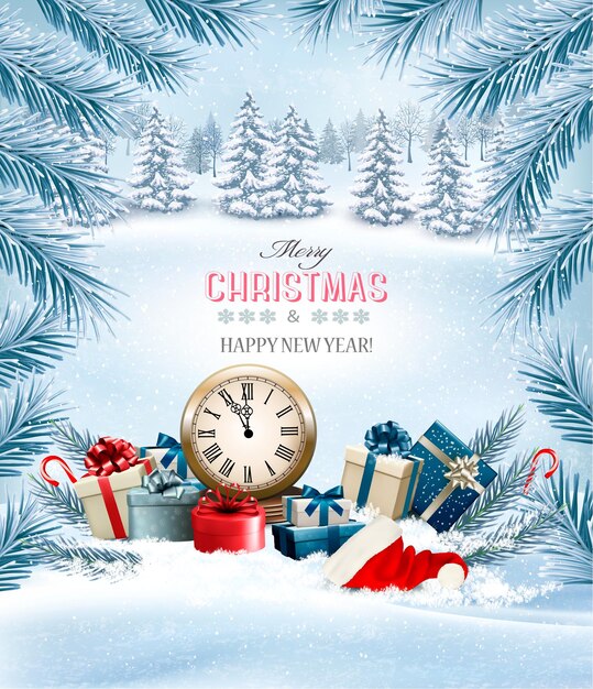 Fondo de vacaciones de Navidad con cajas de regalo y reloj. Vector