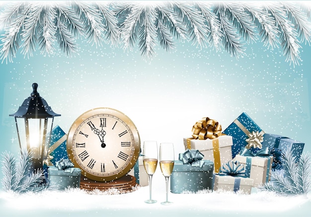 Fondo de vacaciones de Navidad con cajas de regalo y reloj. Vector