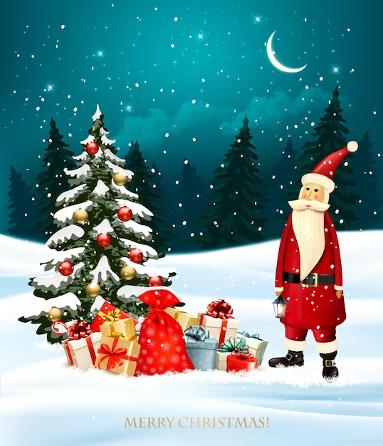 Fondo de vacaciones de Navidad con cajas de regalo y Santa Claus. Ilustración vectorial