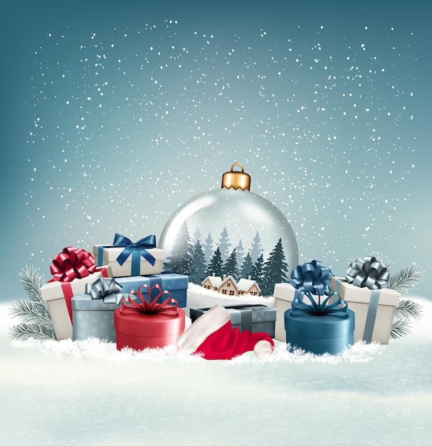 Fondo de vacaciones de Navidad con cajas de regalos coloridas bola de navidad transparente y rama de árbol vector