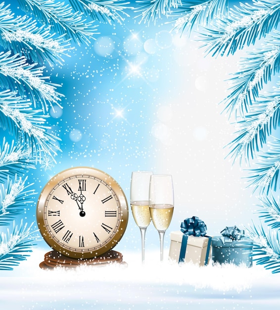 Fondo de vacaciones de Navidad con un champange y un reloj. Vector.
