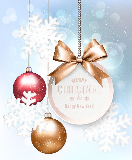 Fondo de vacaciones de Navidad con copos de nieve y bolas de colores. Vector