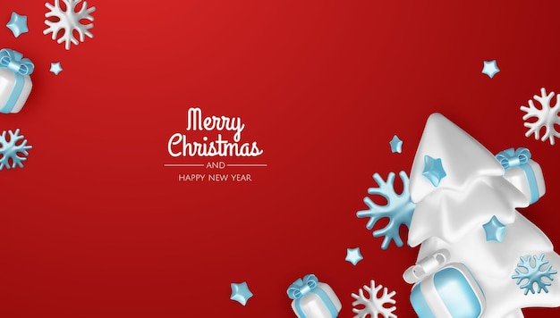 Fondo de vacaciones de Navidad pancarta de saludos de Navidad con copos de nieve y cajas de regalos adornos y