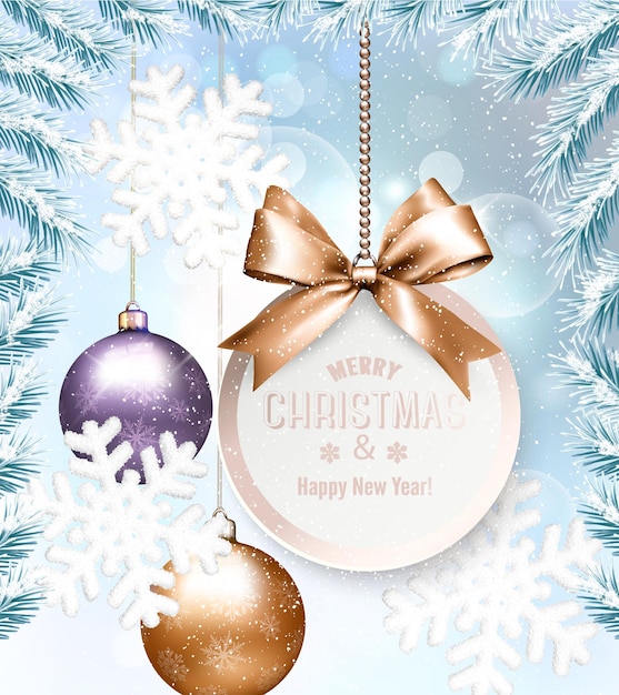 Fondo de vacaciones de Navidad con una tarjeta de regalo y bolas de colores. Vector