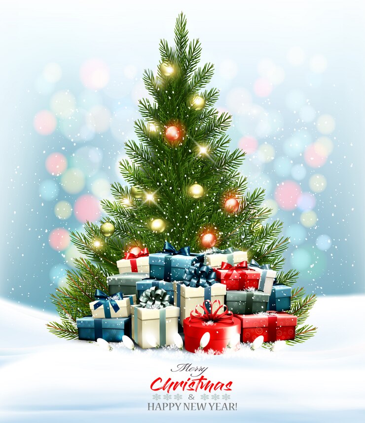Vector fondo de vacaciones con regalos coloridos y árbol de navidad con guirnalda. .