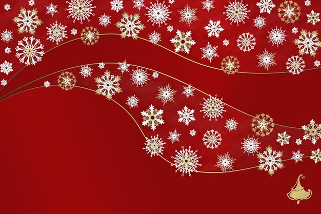 Fondo de vacaciones rojo con copos de nieve. Banner o postal de Año Nuevo con espacio para texto.