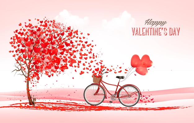 Fondo de vacaciones de San Valentín con árbol en forma de corazón y bicicleta con globos rojos.