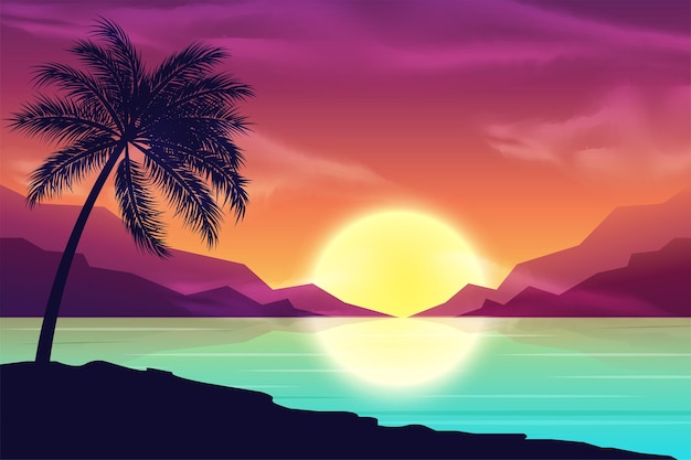 Vector fondo de vacaciones de verano con palmeras, cielo y puesta de sol.