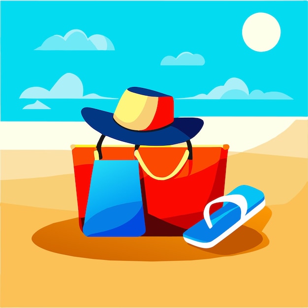 Fondo de vacaciones de verano con sombrero de bolsa de playa y chanclas en la arena realista