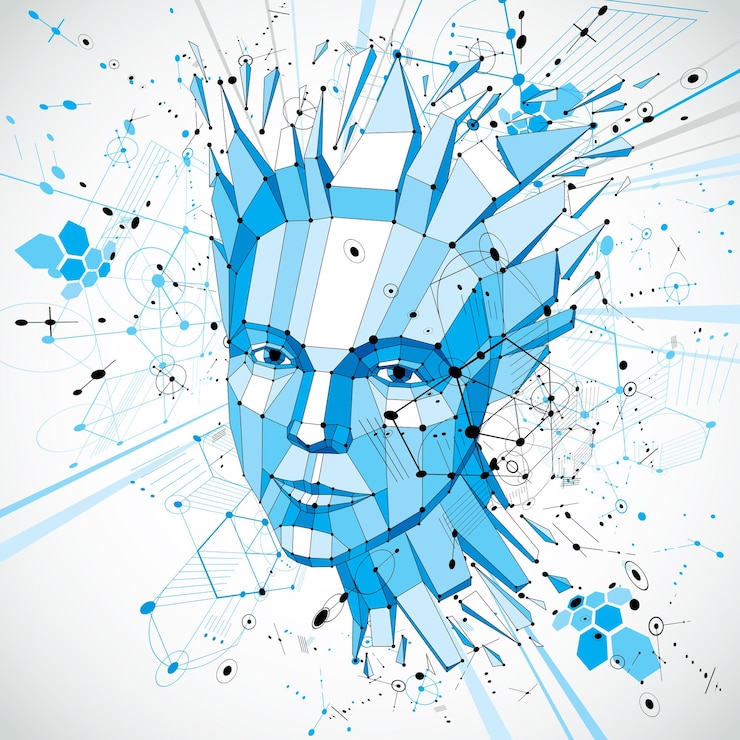 Vector fondo de vector 3d futurista hecho con elementos bauhaus. cabeza de mujer explotando con pensamientos creados en estilo low poly, puede usarse en carteles y presentaciones sobre el tema de la imaginación humana.