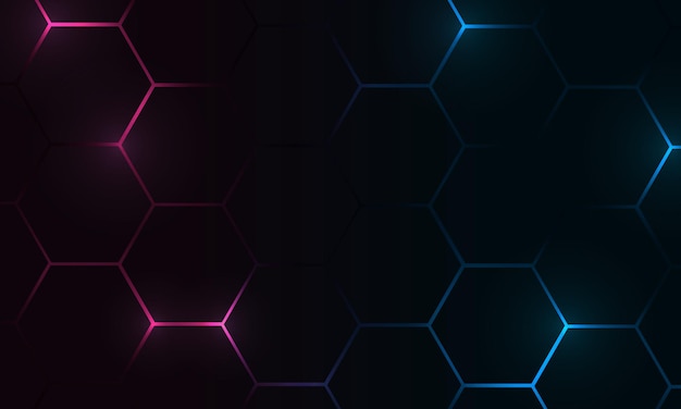 Fondo de vector abstracto futurista oscuro hexágono de tecnología con destellos brillantes de color rosa y azul debajo del hexágono. Fondo abstracto hexagonal de panal de juegos.