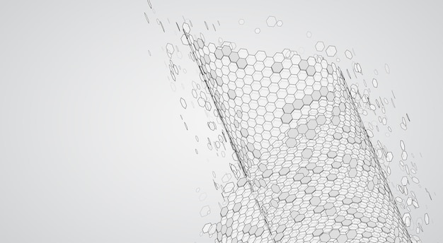 Fondo de vector abstracto con paisaje de hexágonos y paisaje del diseño 3d del mundo virtual