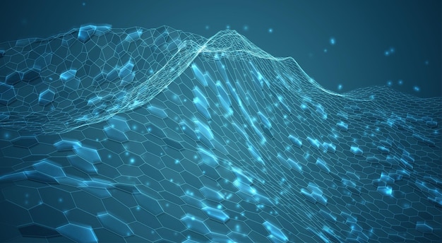 Fondo de vector abstracto con paisaje de hexágonos y paisaje del diseño 3d del mundo virtual