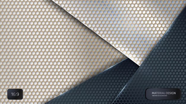 Vector fondo de vector abstracto. rejilla de carbono superpuesta. estilo de diseño de materiales. rejilla hexagonal. diseño vectorial. fondo de tecnología. 16:9