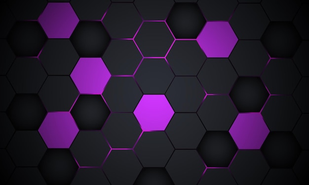 Fondo de vector abstracto de tecnología hexagonal gris oscuro y violeta con destellos brillantes de color púrpura bajo hexágono Fondo abstracto de vector de juego hexagonal Rejilla de textura de panal colorido