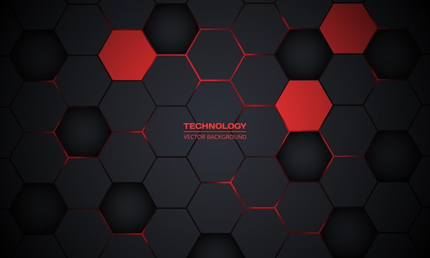 Fondo de vector abstracto de tecnología hexagonal rojo y gris oscuro La energía brillante roja parpadea bajo el hexágono en la ilustración de vector de fondo de tecnología moderna futurista Rejilla de textura de panal negro