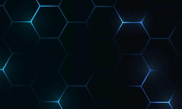 Fondo de vector abstracto de tecnología de juego hexagonal negro con destellos de energía brillante de color azul