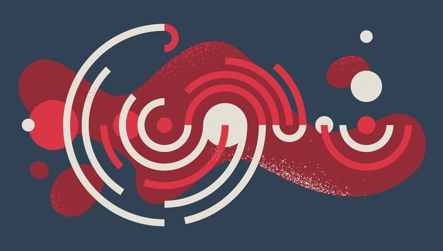 Fondo de vector artístico geométrico con líneas y círculos, composición de arte moderno abstracto, decoración de diseño rítmico y de movimiento en colores rojo y negro.