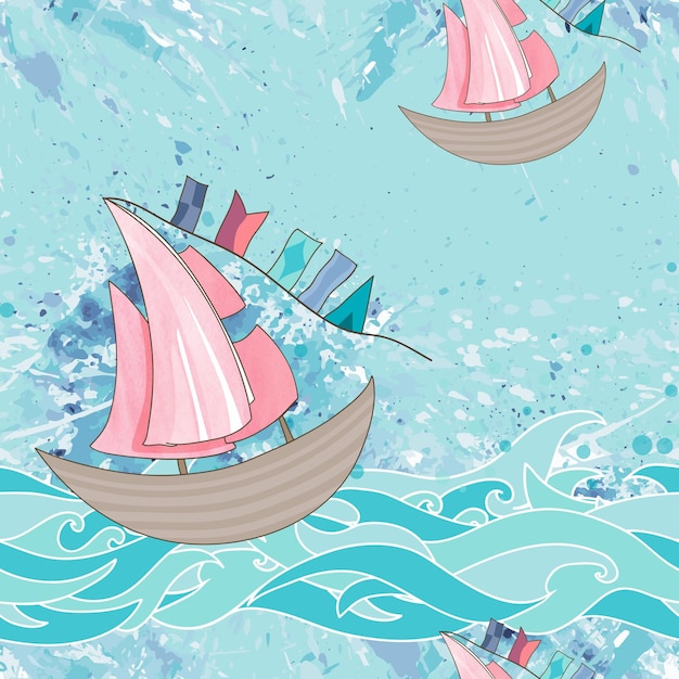 Fondo de vector azul con salpicaduras de olas y barcos