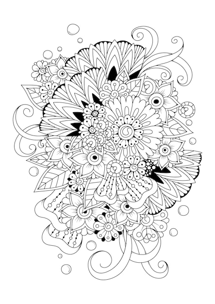 Fondo de vector blanco y negro para colorear. página para colorear con flores abstractas.