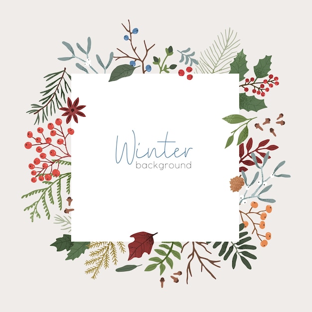 Fondo de vector botánico de invierno. Telón de fondo de color de Navidad con espacio de texto. Composición de muérdago, enebro, piñas y ramas de coníferas. Borde, plantilla de banner cuadrado con lugar para texto.