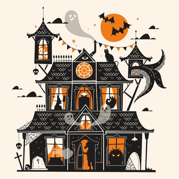 Fondo de vector de casa de Halloween o castillo oscuro de volante para tarjeta de miedo de fiesta de terror de octubre