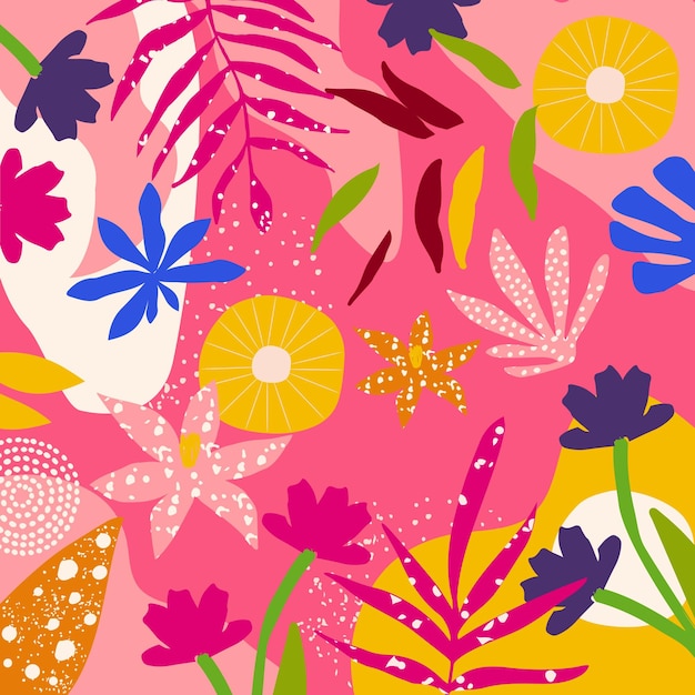 Fondo de vector colorido con flores de hojas abstractas dispersas y otros elementos botánicos