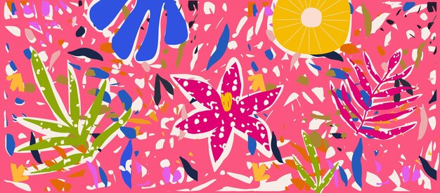 Fondo de vector colorido con flores de hojas abstractas dispersas y otros elementos botánicos
