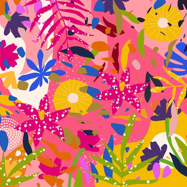 Fondo de vector colorido con flores de hojas abstractas dispersas y otros elementos botánicos