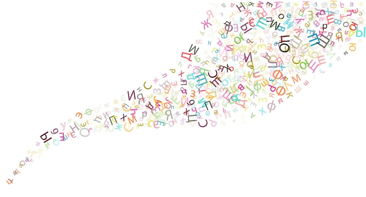 Vector fondo de vector colorido hecho de letras de scripts de alfabetos rusos o caracteres en estilo plano