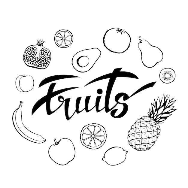 Fondo de vector de comida sana. cartel o pancarta con frutas dibujadas a mano y letras de frutas.