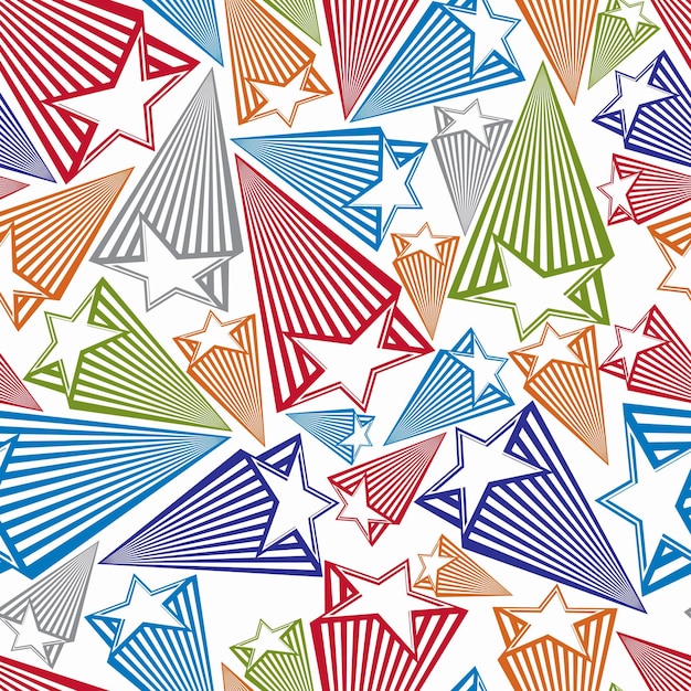 Fondo de vector conceptual de astronomía, estrellas de cometa pentagonal - objetos celestiales con colas de cometa decorativas. Fondo continuo con estrellas festivas, para uso en decoración y diseño gráfico.