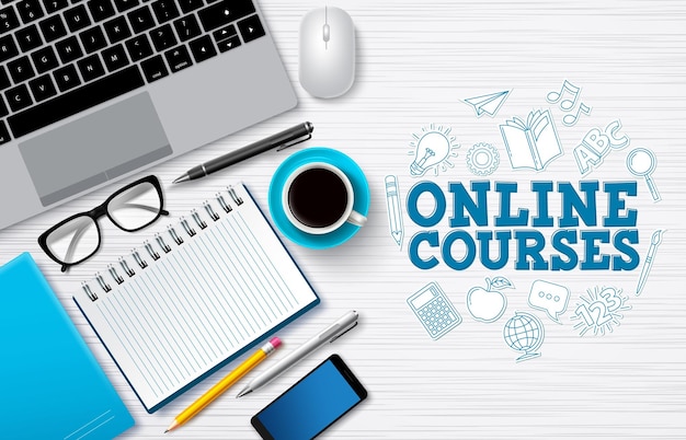 Fondo de vector de cursos en línea elearning texto de cursos en línea en escritorio blanco con computadora portátil