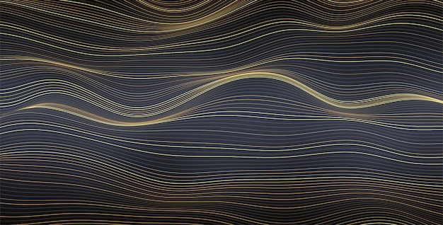 Fondo vector elegante abstracto con líneas doradas delgadas onduladas suavemente en fondo gris oscuro