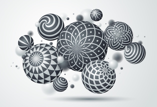 Fondo de vector de esferas abstractas, composición de bolas voladoras decoradas con patrones, globos realistas de variedad mixta 3D con adornos, efecto de profundidad de campo realista.
