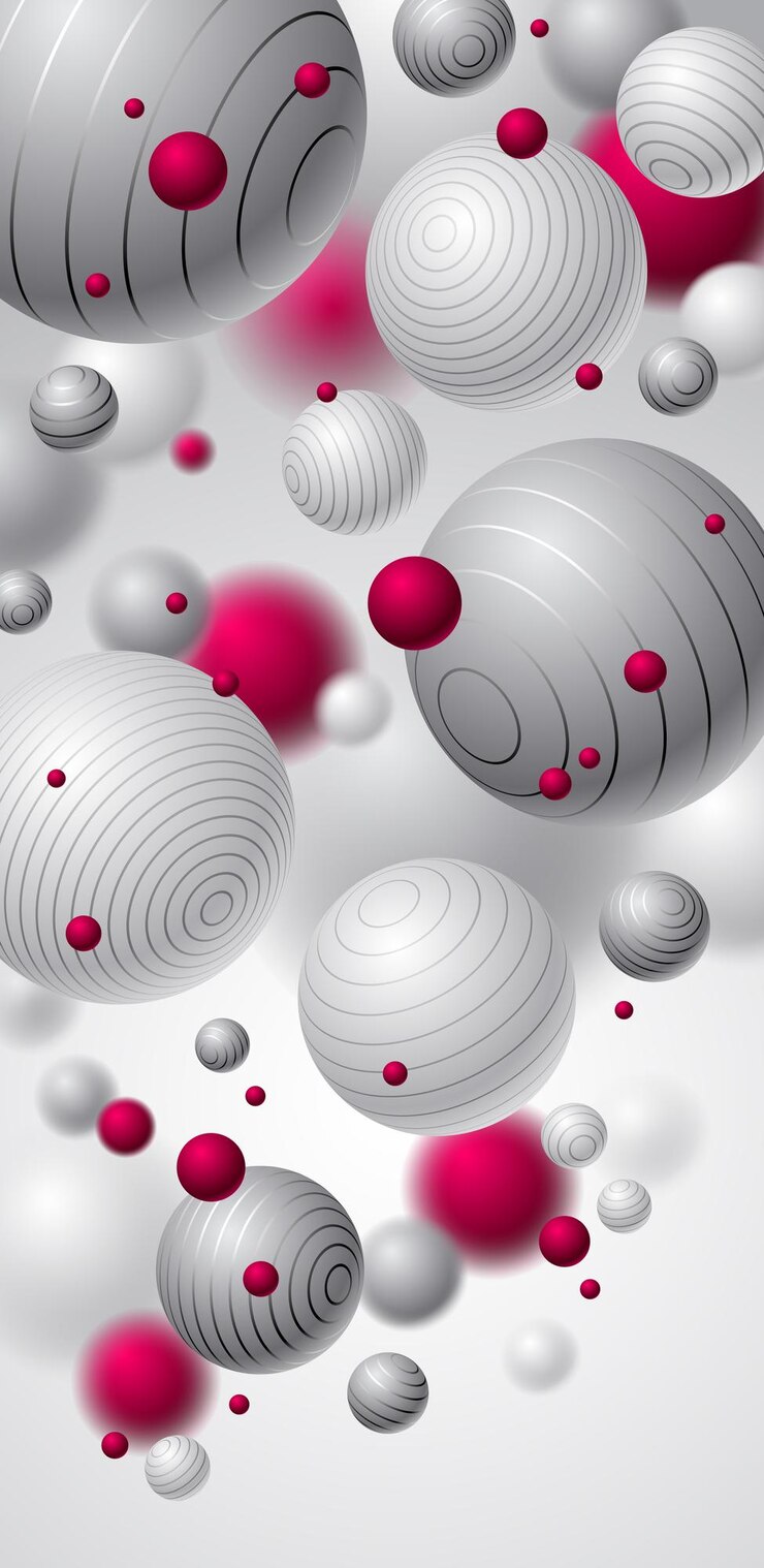 Vector fondo de vector de esferas abstractas para teléfono, composición de bolas voladoras decoradas con papel tapiz de teléfono inteligente de líneas, globos realistas mixtos en 3d, efecto de profundidad de campo realista.