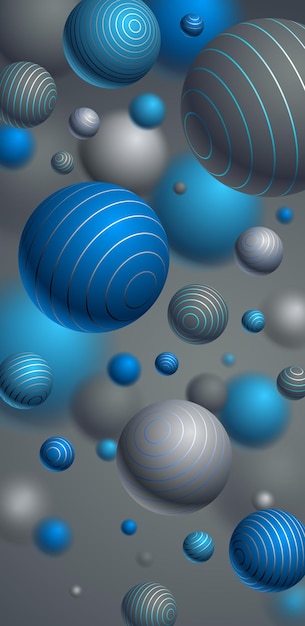 Fondo de vector de esferas abstractas para teléfono, composición de bolas voladoras decoradas con papel tapiz de teléfono inteligente de líneas, globos realistas mixtos en 3D, efecto de profundidad de campo realista.