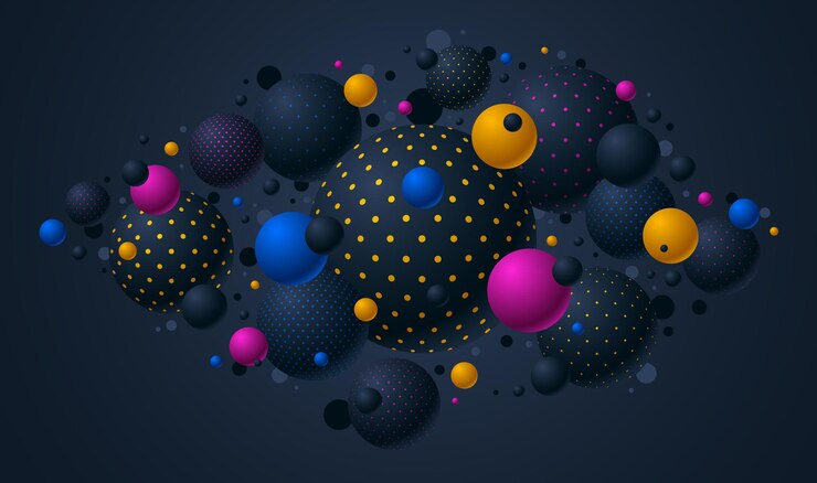 Vector fondo de vector de esferas punteadas de color y negro abstracto, composición de bolas voladoras decoradas con puntos, globos mixtos 3d