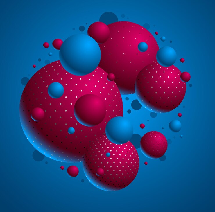 Vector fondo de vector de esferas punteadas de colores abstractos, composición de bolas voladoras decoradas con puntos, globos mixtos 3d