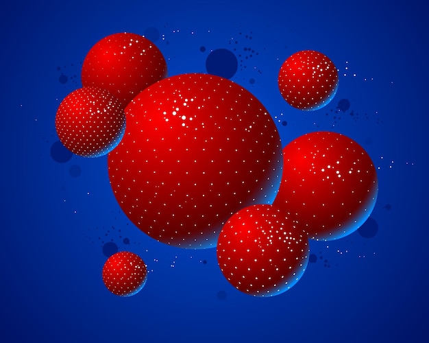 Fondo de vector de esferas punteadas de colores abstractos, composición de bolas voladoras decoradas con puntos, globos mixtos 3D