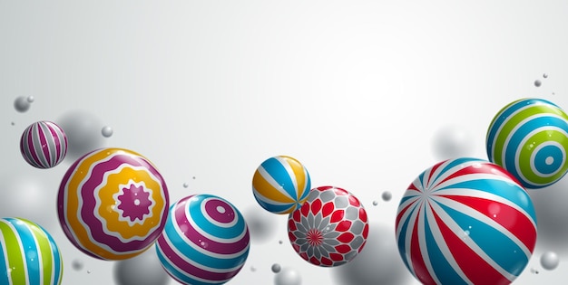 Fondo de vector de esferas realistas brillantes abstractas con espacio de copia en blanco, composición de bolas voladoras decoradas con patrones, globos realistas mixtos 3D, efecto de profundidad de campo realista.