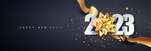 Fondo de vector de feliz año nuevo 2023 Diseño de tarjeta de felicitación de vacaciones con gran lazo de regalo dorado Plantilla de concepto premium festivo para vacaciones