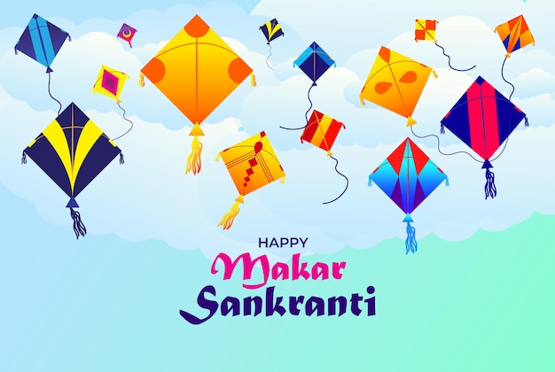 Fondo de vector feliz makar sankranti con nubes y cometas voladoras