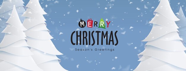 Fondo de vector feliz Navidad con paisaje de árbol de Navidad y estilo de arte de papel nevando.