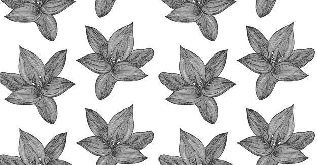 Fondo de vector floral blanco y negro Patrón sin costura de línea de flor de lirio lineal para diseño textil Patrón de flor de vector blanco y negro sin costura