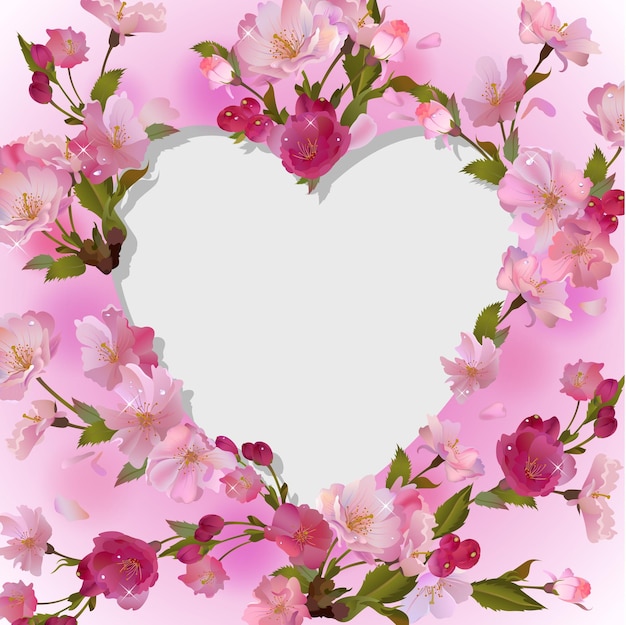 Fondo de vector floral de flor de cerezo de primavera con lugar vacío de corazón para texto