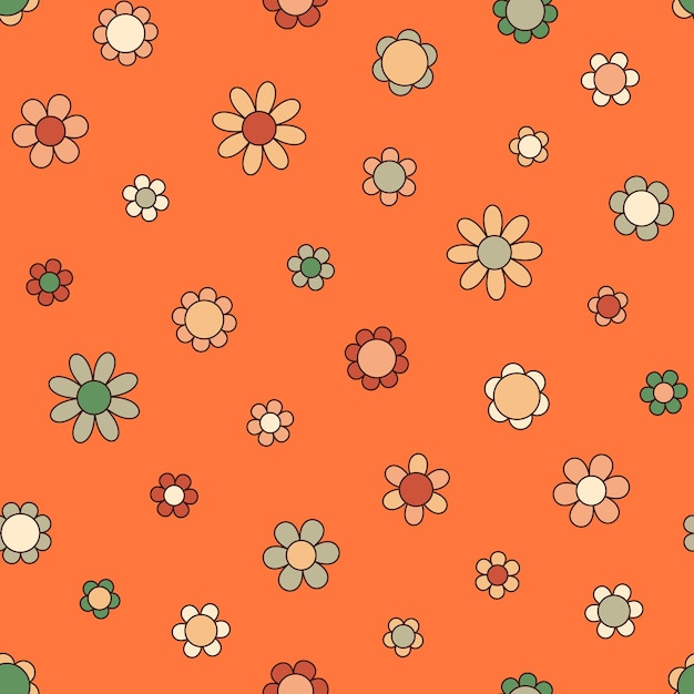 Fondo de vector floral de Groovy Daisy flores de patrones sin fisuras en estilo retro hippie s