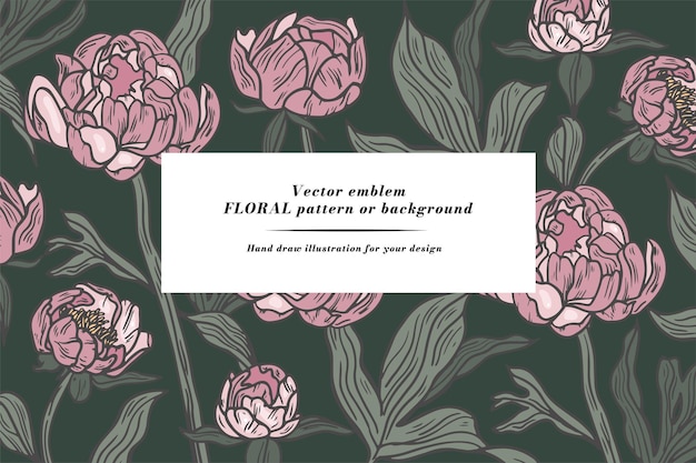 Fondo de vector con flores de peonía en estilo vintage Tarjeta floral horizontal con marco para texto