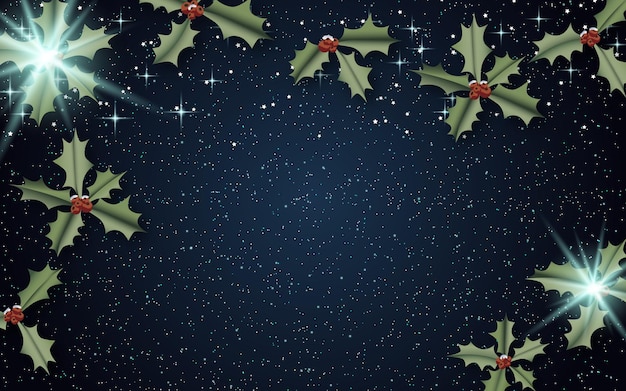 Fondo de vector de gradiente azul de Navidad y año nuevo con estrellas, copos de nieve y muérdago