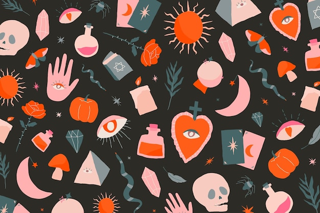 Fondo de vector de Halloween de garabato de brujería bohemia